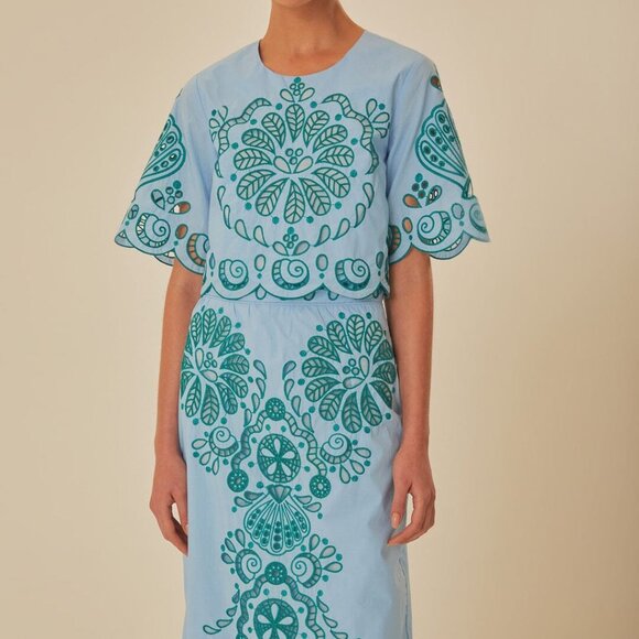 Farm Rio light Blue and Green Graphic Richelieu Midi Skirt & Top NWT - Picture 1 of 8